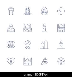 Strategic bundle featuring 16 vector icons representing Religious in Thin Line format, optimized with 64x64 Pixel Aligned quality for professional wor Stock Vector