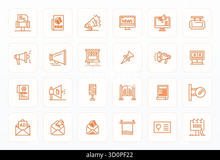 Set of 24 Bold Line Pixel Optimized vector icons themed around Bulletin, crafted in 64x64 resolution for seamless integration in apps and websites. Stock Vector