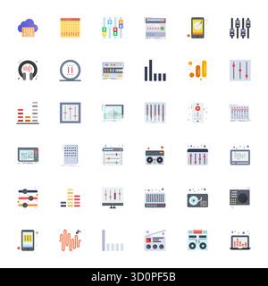 Professional-grade collection of 36 Flat vector icons representing Equalizer, crafted with 256x256 Editable precision for enterprise applications. Stock Vector