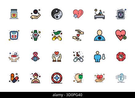 Innovative pack of 24 vector icons themed around WellBeing, showcasing Flat Line Filled design in 256x256 Editable format for modern digital solutions Stock Vector