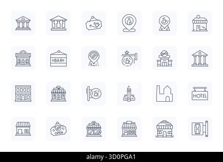 Premium collection of 24 Regular Bold Outline vector icons for Establishment, meticulously crafted in 128x128 PIXEL Perfect resolution for superior vi Stock Vector