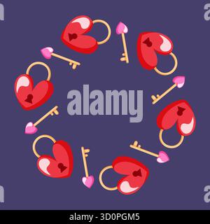 Circular wreath of red heart shaped padlock with golden key in flat style. Valentine day card and invitation design. Stock Vector