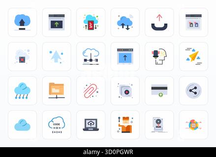 Thoughtfully designed 24 vector icons themed around Upload, crafted in Flat with 64x64 Display Perfect precision for contemporary design needs. Stock Vector