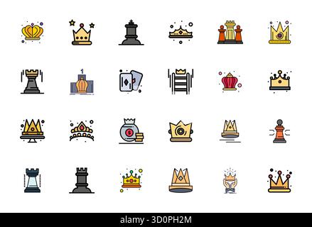 State-of-the-art bundle featuring 24 PIXEL Perfect vector icons inspired by Queen, created in Flat Line Filled format at 64x64 for next-generation int Stock Vector