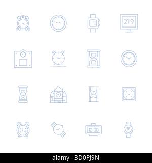 Intelligently designed 16 Grid Fitted vector icons inspired by Timepiece, created in Thin Line format at Retina Ready for smart and efficient design w Stock Vector