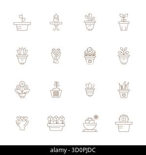 Transform your designs with 16 Thin Line vector icons themed around Indoor Plant, engineered in Retina Ready Pixel Optimized resolution for maximum cl Stock Vector