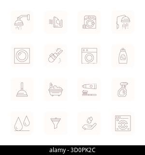 Transform your designs with 16 Thin Outline vector icons themed around Cleaning, engineered in High Resolution Grid Fitted resolution for maximum clar Stock Vector