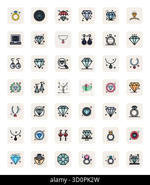 Streamlined set of 42 vector icons for Gemstone in LineFilled aesthetic, featuring 256x256 Pixel Aligned resolution for seamless user experiences. Stock Vector
