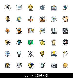 A versatile set of 36 Flat Line Filled PIXEL Perfect vector icons focused on Lightbulb, delivered in crisp 128x128 format ideal for mobile and web app Stock Vector