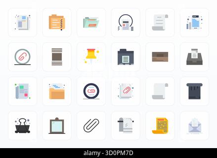 Contemporary collection of 24 vector icons representing Paperclip in Flat aesthetic, featuring 128x128 PIXEL Perfect resolution for modern application Stock Vector