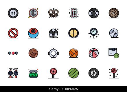 Professionally designed 24 vector icons in Flat Line Filled, capturing the essence of Round with 128x128 PIXEL Perfect precision for UI design. Stock Vector