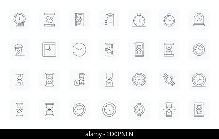 Strategic bundle featuring 28 vector icons representing Hourglass in Thin Outline format, optimized with 64x64 Detail Enhanced quality for professiona Stock Vector