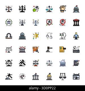 Streamlined set of 36 vector icons for Justice in Flat Line Filled aesthetic, featuring High Resolution Pixel Aligned resolution for seamless user exp Stock Vector