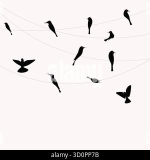 Minimal bird silhouette pattern with flying and perched birds on wires, elegant black vector design perfect for modern decor and nature backgrounds Stock Vector