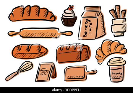 Collection of bakery items like croissants, baguettes, and pastries drawn in colorful sketch style, ideal for packaging, menu, or cafe branding. Stock Vector