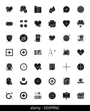 Strategic bundle featuring 42 vector icons representing Plus in Filled format, optimized with 256x256 Detail Enhanced quality for professional workflo Stock Vector
