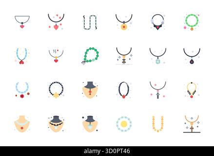 Industry-leading pack of 24 Flat Detail Enhanced vector icons for Necklace, sized at Retina Ready for optimal rendering and user interface excellence. Stock Vector