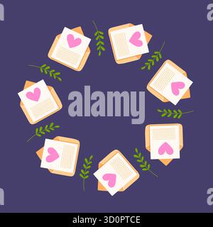 Circular wreath of love letter in envelope with pink heart and green leaf in flat style. Valentine day card. Stock Vector