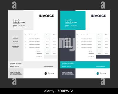 Clean minimalist business invoice template with aqua and grey color options, modern professional design for company branding and corporate use Stock Vector