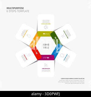 Multipurpose 6-step infographic template showcasing a hexagonal design with colorful steps. This 6-step template is ideal for presentations, demonstra Stock Vector