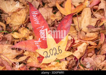 Yellow and red maple leaves with “Happy New Year 2026” written on them – autumn flat lay background Stock Photo