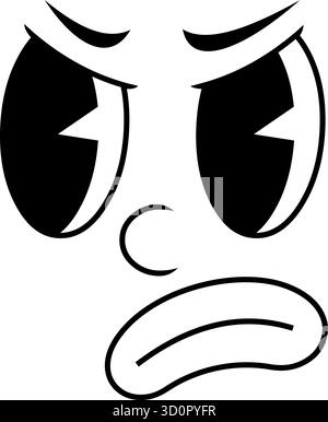 Outlined Angry Retro Cartoon Face Expression With Raised Eyebrows And Frown. Vector Hand Drawn Illustration Isolated On Transparent Background Stock Vector