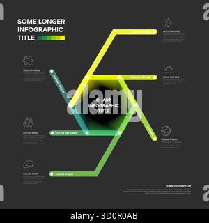 Hexagon infographic chart design template with a dark background. This chart infographic features a central hexagonal shape and six connected nodes, i Stock Vector