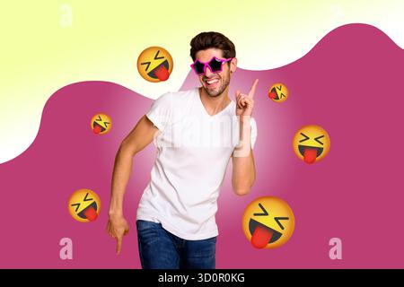 Collage of person surrounded by floating emoji icons expressing fun and different emotions happy joy angry oops lol Stock Photo