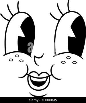Outlined Retro Cartoon Smiling Girl Face With Big Eyes, Eyelashes, Red Lips And Freckles. 30s Vintage Animation Style. Vector Hand Drawn Illustration Stock Vector
