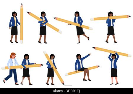 A businesswoman showcases creativity holding oversized pencils in an office environment. She poses in various stances, expressing enthusiasm and innov Stock Vector