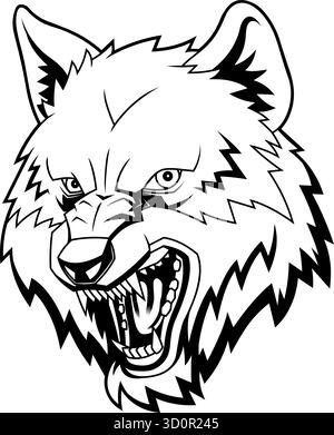 Angry Wolf Mascot Head In Black And White - Vector Hand Drawn Illustration Isolated On Transparent Background Stock Vector