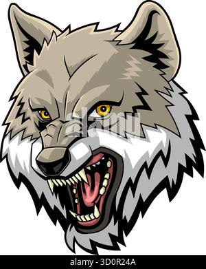 Gray Wolf Mascot Head Roaring With Sharp Teeth - Vector Hand Drawn Illustration Isolated On Transparent Background Stock Vector