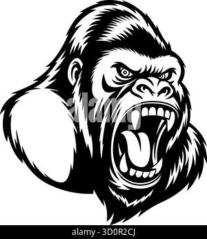 Angry Roaring Gorilla Head In Black And White - Vector Hand Drawn Illustration Isolated On Transparent Background Stock Vector
