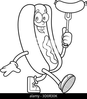Hot Dog Cartoon Mascot Character Holding Sausage On Fork in Black And White Line - Vector Hand Drawn Illustration Isolated On Transparent Background Stock Vector