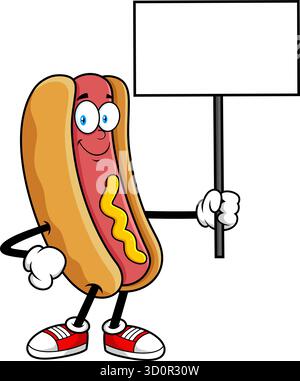 Hot Dog Cartoon Mascot Character Smiling And Holding Blank Sign – Vector Hand Drawn Illustration Isolated On Transparent Background Stock Vector