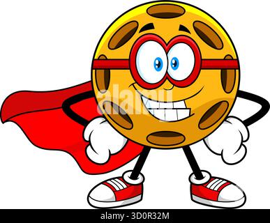 Superhero Pickleball Mascot With Cape And Glasses- Vector Hand Drawn Illustration Isolated On Transparent Background Stock Vector