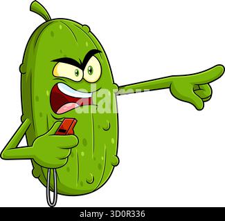Angry Pickleball Referee Pickle Mascot Character Blowing Whistle And Pointing - Vector Hand Drawn Illustration Isolated On Transparent Background Stock Vector