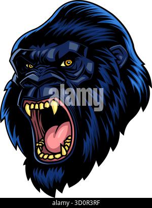 Angry Gorilla Head Roaring Mascot in Blue Style - Vector Hand Drawn Illustration Isolated On Transparent Background Stock Vector