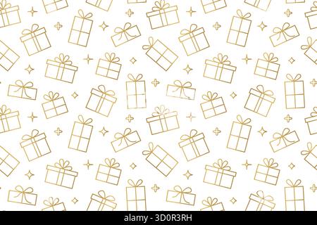 christmas golden seamless pattern with gift outlines, great for wrapping, textile, wallpaper, greeting card- vector illustration Stock Vector
