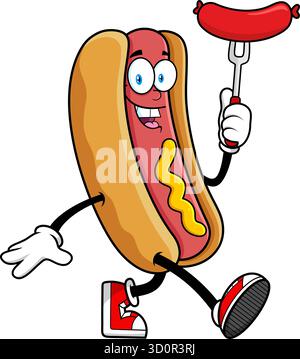 Hot Dog Mascot Holding Sausage On Fork and Walking- Vector Hand Drawn Illustration Isolated On Transparent Background Stock Vector