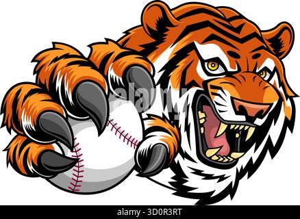 Angry Tiger Holding Baseball Ball Mascot - Vector Hand Drawn Illustration Isolated On Transparent Background Stock Vector