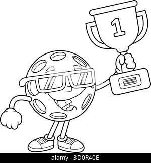 Pickleball Character Holding Trophy Wearing Sunglasses Black And White - Vector Hand Drawn Illustration Isolated On Transparent Background Stock Vector