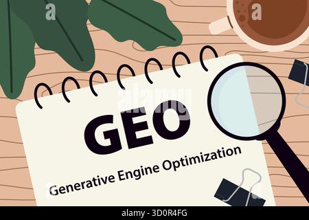 GEO Generative Engine Optimization written in a spiral notebook with a magnifier glass, symbolizing AI search, innovation, and digital marketing - vec Stock Vector