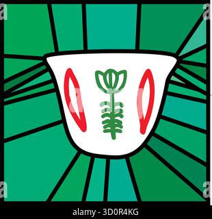 Abstract geometric illustration of a traditional Arabic coffee cup (finjan) with green and red floral motifs. Modern vector design inspired by Middle Stock Vector