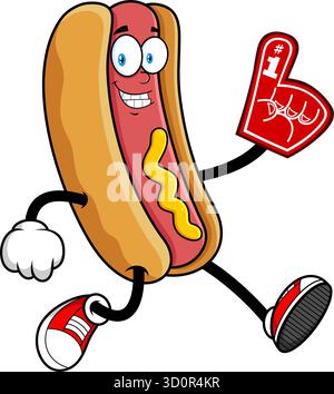 Hot Dog Cartoon Mascot Character Running with Number One Foam Finger - Vector Hand Drawn Illustration Isolated On Transparent Background Stock Vector