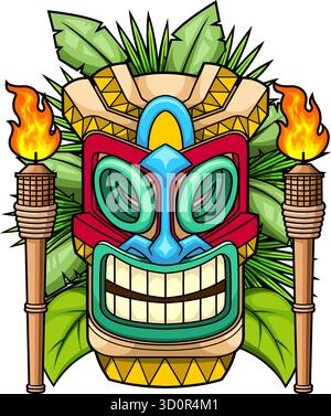 Smiling Tiki Mask With Torches And Tropical Leaves - Vector Hand Drawn Illustration Isolated On Transparent Background Stock Vector