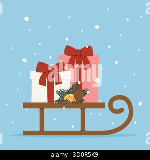 christmas sleigh with gift boxes decorated with red bows and fir tree - vector illustration Stock Vector