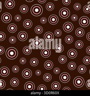 Seamless pattern with random round elements. White pink circular element on dark brown background. Ethnic simple geometric vector illustration. Countr Stock Vector