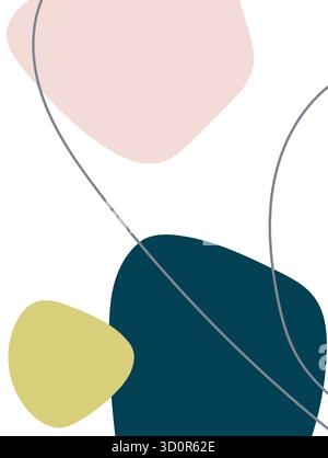Abstract composition with navy, yellow, and pale pink shapes crossed by smooth curved gray lines. Stock Vector