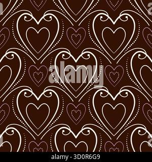 Warm seamless pattern of hearts and swirls. Elegant beige and pink hearts on chocolate background. Sweet understated background. Romantic delicate hol Stock Vector